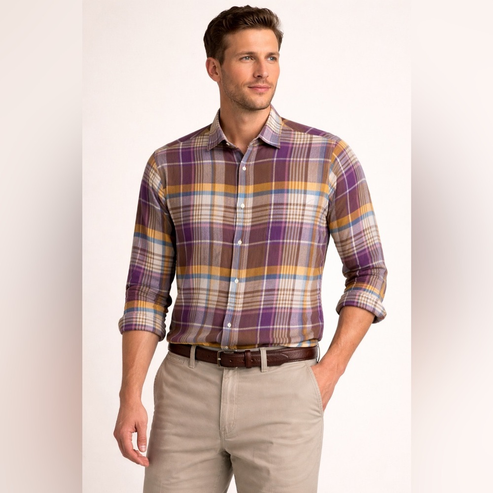 Etro 100% Linen Plaid Button Down Shirt Purple Brown Multi Men’s IT 42 US Large